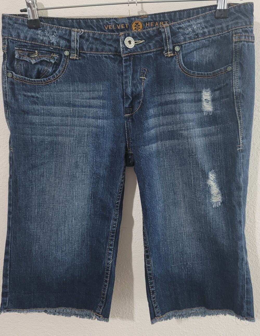 Velvet Heart Blue Distressed Stone Washed Frayed Hem Denim Shorts 30 Bermuda
